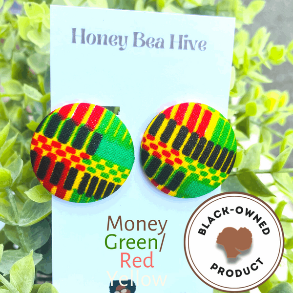 Money Green Red Ankara Button Earrings African